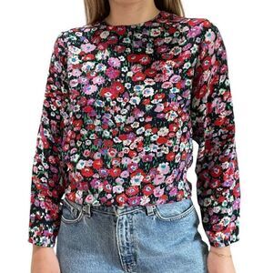 Vintage 80s Womens 100% Silk Floral Bohemian Grannycore Blouse Sz Petite 6